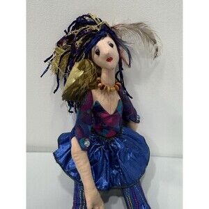 VTG OOAK Folk Art Sculpted Cloth Doll 21" Fabulous Elderly Creative Feathers